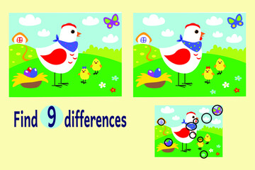 Find differences between two images. Educational game for children. Cartoon image illustraton. Cute funny animals and nature. Mother hen with her chicks on the field.