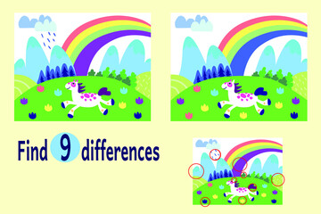 Find differences between two images. Educational game for children. Cute funny horse with mountain landscape and a rainbow on the background. Cartoon image illustraton.  