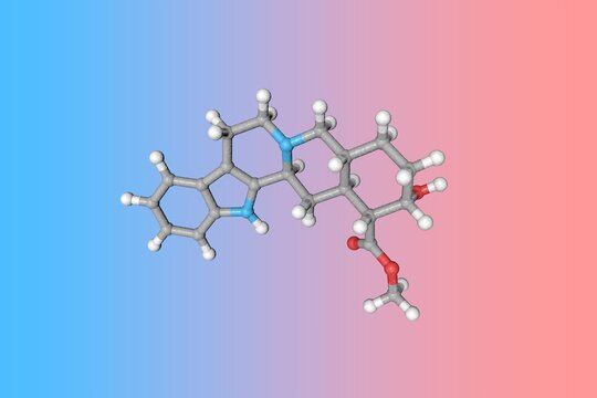 Molecular structure of yohimbine or quebrachine. Atoms are represented as spheres with color coding: carbon (grey), oxygen (red), nitrogen (blue), hydrogen (white). 3d illustration