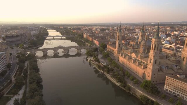 Aerial view of Zaragoza with the Basilica of the Pillar and Ebro River in Zaragoza. Drone Footage