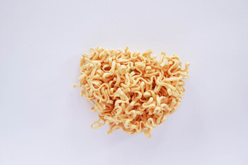 Dry instant noodles on white background, Top view pasta, Japanese ramen noodles.