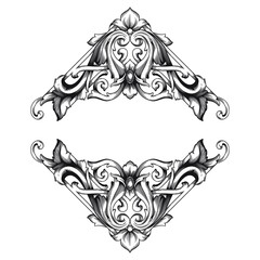 Vintage Ornament Element in baroque style with filigree and floral engrave the best situated for create frame, border, banner. It's hand drawn foliage swirl like victorian or damask design arabesque.
