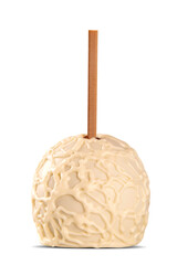 Candied apples on sticks with caramel and white chocolate isolated on white background