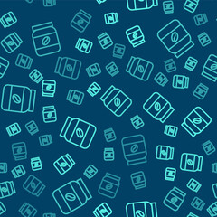 Green line Coffee jar bottle icon isolated seamless pattern on blue background. Vector Illustration.