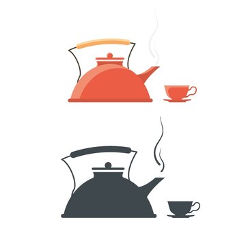 red kettle and cup, steam rising clip art preview