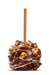 Candied apples on sticks with caramel, marshmallow and chocolate isolated on white background