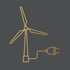 golden windmill turbine with a power plug, green renewable energy concept- vector illustration