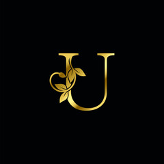 Golden U Letter Minimalist Luxury Initial Nature Tropical Leaf logo Icon vector design.