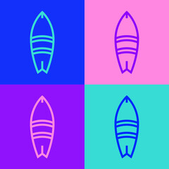 Pop art line Surfboard icon isolated on color background. Surfing board. Extreme sport. Sport equipment. Vector Illustration.