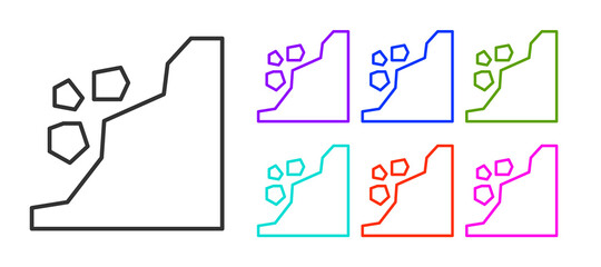 Black line Landslide icon isolated on white background. Stones fall from the rock. Boulders rolling down a hill. Rockfall. Set icons colorful. Vector Illustration.