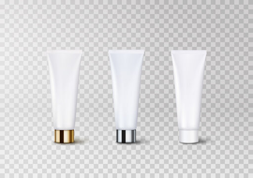 Tube packaging set with white plastic, glossy silver and gold cap isolated on transparent background. Vector clear cosmetic cream, gel or lotion package template