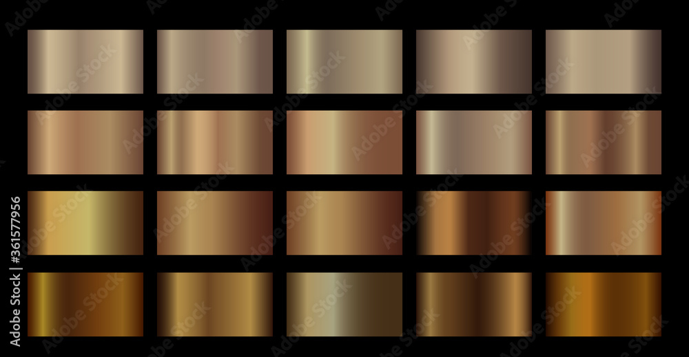 Poster Bronze gradient vector metallic gold template Vector swatch set. Metal chrome gradient illustration