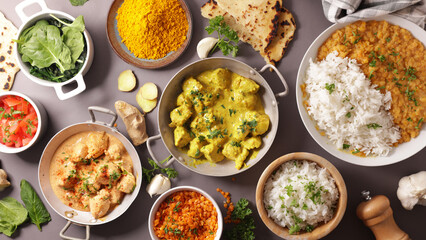 assorted of indian meal- curry dish, dahl, chicken, naan