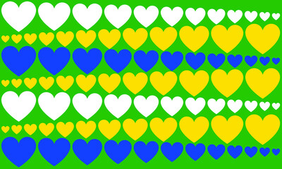 Heart pattern in Brazilian colors yellow, blue and green in different sizes going from left to right, adding movement and rhythm on green background