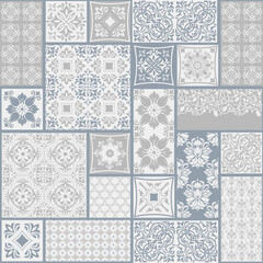 Seamless patchwork tile with Victorian motives. Azulejos. Original traditional Portuguese and Spain decor. Ceramic tile in talavera style. Gaudi mosaic. Vector