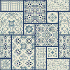 Vintage seamless pattern in Portugal style. Azulejo. Seamless patchwork tile in blue and white colors. Endless pattern can be used for ceramic tile, wallpaper, linoleum, textile, web page background - obrazy, fototapety, plakaty