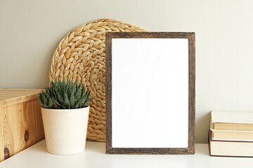 Boho style vertical empty photo frame, dark wood frame mockup, wooden sign mock-up for portrait...