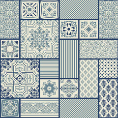Vintage seamless pattern in Portugal style. Azulejo. Seamless patchwork tile in blue and white colors. Endless pattern can be used for ceramic tile, wallpaper, linoleum, textile, web page background