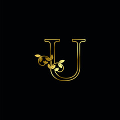 Golden Outline U Letter Minimalist Luxury Initial Nature Tropical Leaf logo Icon