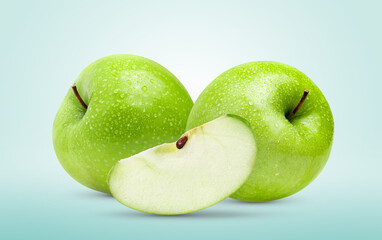 green apple with water drop in full depth of field