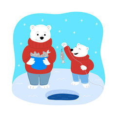 Baby polar bear enjoying fishing with father in winter