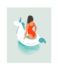 Hand drawn vector abstract cute summer time fun beach young girl illustration with unicorn swimming pool float rubber ring in water isolated on blue background
