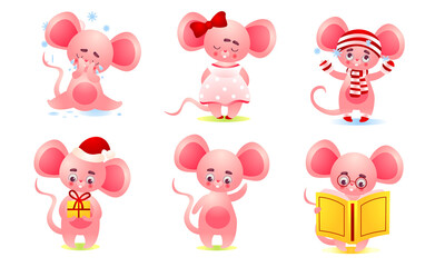 Pink cute baby mouse doing casual things and expressing emotions