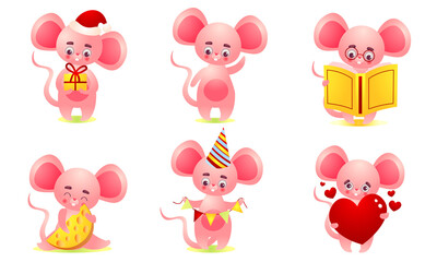 Pink cute baby mouse doing casual things and expressing positive emotions