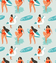 Hand drawn vector abstract fun summer time fun illustration seamless pattern with group girls,surfboards and unicorn buoy circles on water textured background