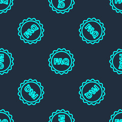 Green line Label with text FAQ information icon isolated seamless pattern on blue background. Circle button with text FAQ. Vector Illustration.