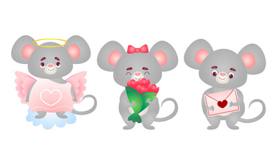 Grey cute baby mouse holding envelope, flowers and looking as angel