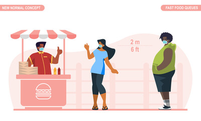 New normal physical distancing concept. People wear medical mask and keep distance at fast food store queues to protect from COVID-19 Coronavirus. Scalable and editable flat style vector illustration.