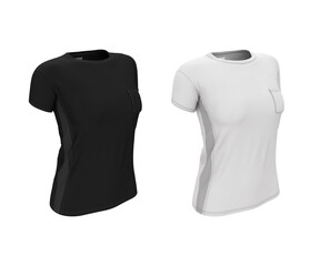 3d realistic illustration of a women's t-shirt with a pocket in white and black color. Blank empty template, mock up sportswear for design, logo, branding isolated on white background.