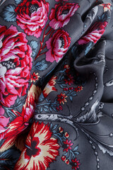 top view closeup on crumpled dark grey cotton scarf with bright floral ornament