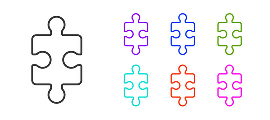 Naklejka premium Black line Piece of puzzle icon isolated on white background. Business, marketing, finance, layout, infographics, internet concept. Set icons colorful. Vector Illustration.