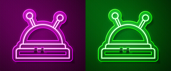 Glowing neon line Needle bed and needles icon isolated on purple and green background. Handmade and sewing theme. Vector Illustration.