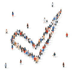 Large group of people in the shape of a check mark on a white background. Yes concept.