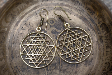 Brass metal boho style Indian sacred geometry earrings