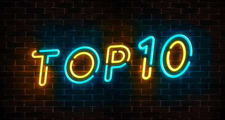 Top 10 neon blue and yellow light text on empty red brick wall banner. Bright sign of top ten list...