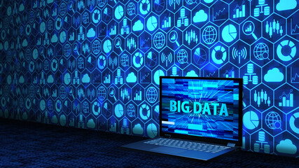 8K 3D Rendered Laptop/Notebook on the floor with Big Data Technology on the screen and icon set Background with Random Binary Code on the floor in blue color