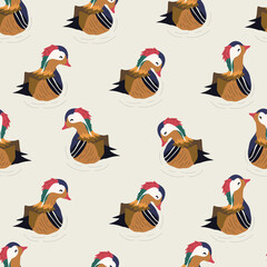 seamless pattern hand drawn mandarin ducks.