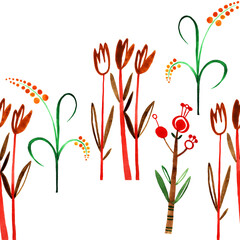 Seamless pattern illustration with 
red,green and orange flowers isolated on white background