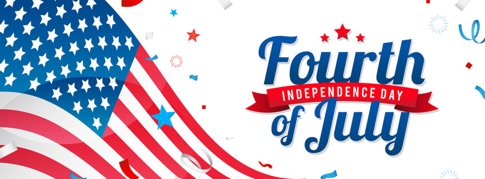 4th of July Banner Vector illustration. USA flag waving with ribbon confetti on white background