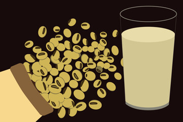 Glass of soy milk and soya bean in sack isolated on wood background  icon vector illustration.