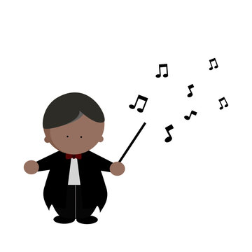 Music orchestra conductor in tuxedo suit with baton and music notes icon vector illustration.