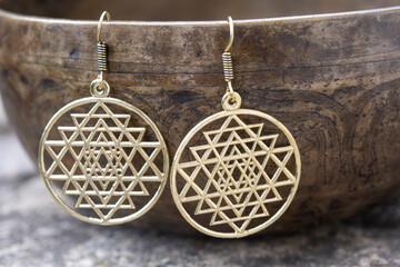 Brass metal boho style Indian sacred geometry earrings