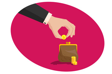 Issuing loans, deposits, loan money, saving money and finances. Hand of a business man in a suit puts a golden dollar in a purse