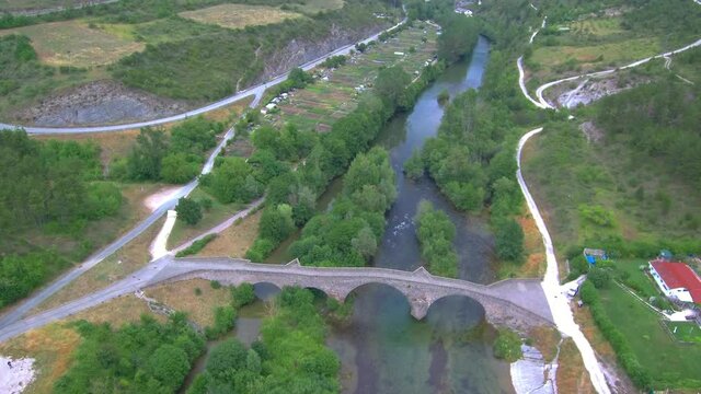 Aerial view of Medieval bridge in Navarra,Spain. Drone Footage