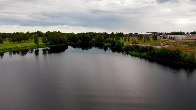 Air shot from Bogstadvannet, Oslo, Norway. Fast flying over a famous lake in Norway. Shot in 4K or UHD.