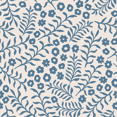 Blue blooming meadow seamless vector pattern small-scale floral ditsy background for fabric, wallpaper, stationery, scrapbooking projects or backgrounds.